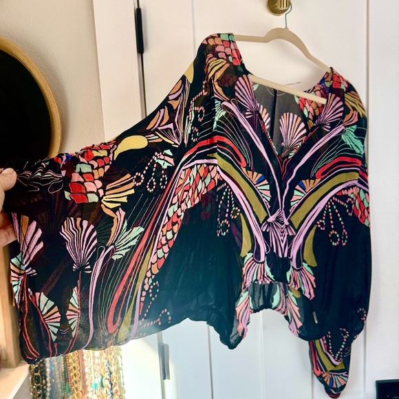 Free People Colorful Boho Poncho Top High Low Draped Festival Blouse Size M - Picture 2 of 7